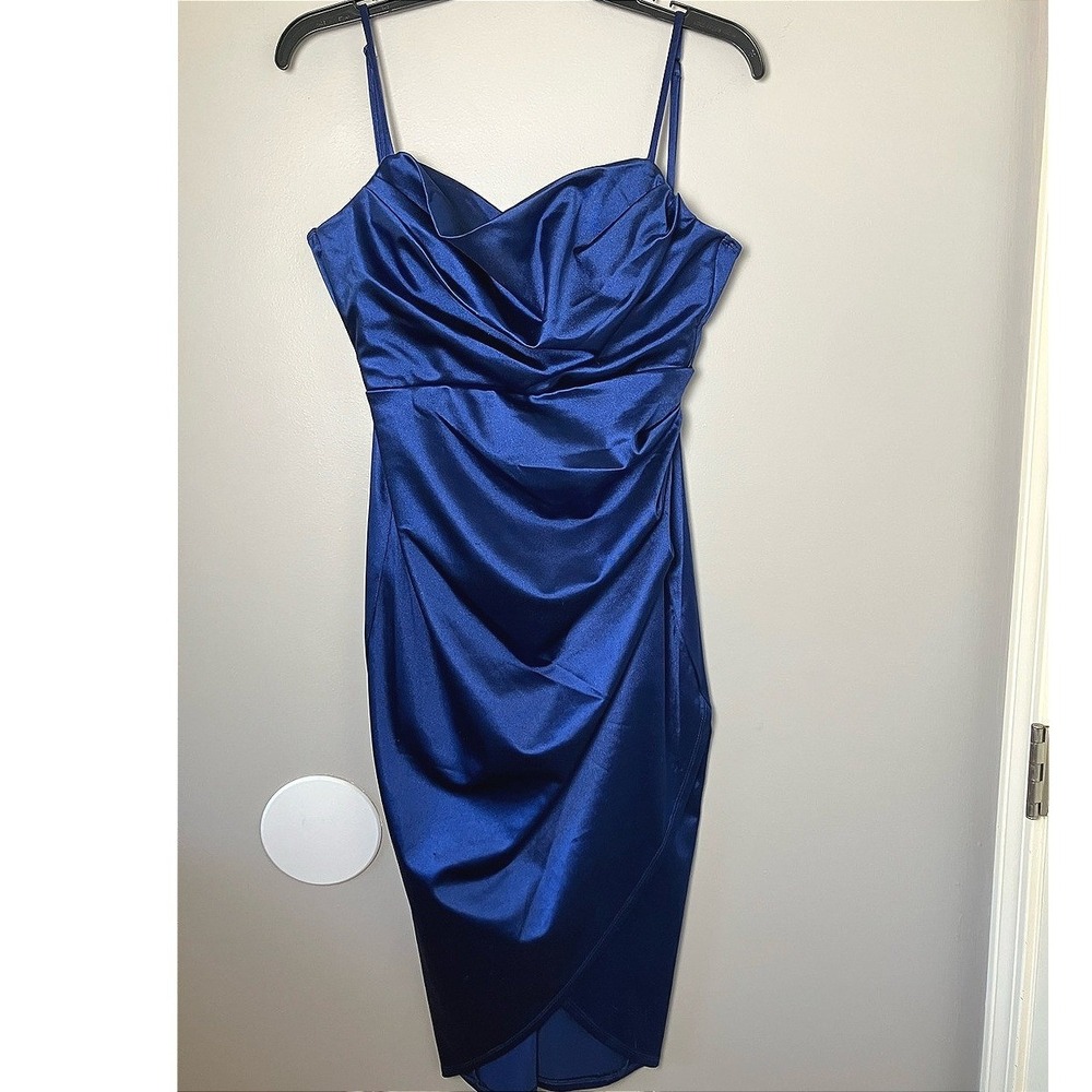 Royal Blue‎ Satin Cocktail Dress Size Small Ruched Bodycon Special Occasion